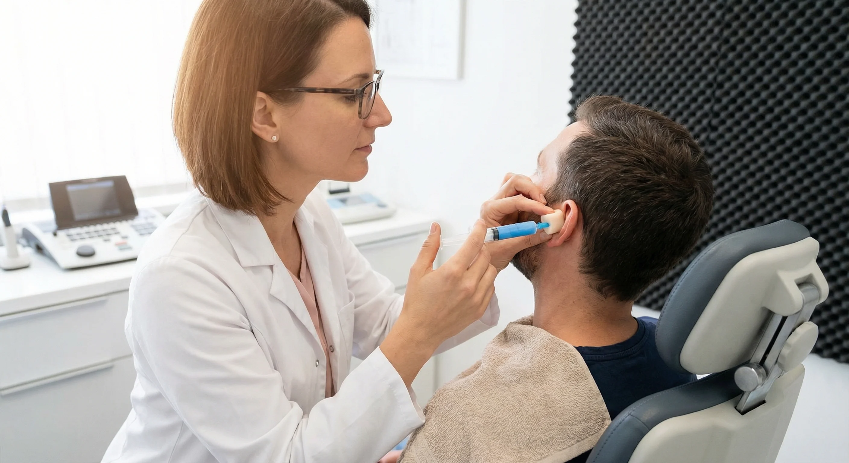 Audiologist taking ear canal impression from patient for custom earplug fitting at Caloundra hearing clinic