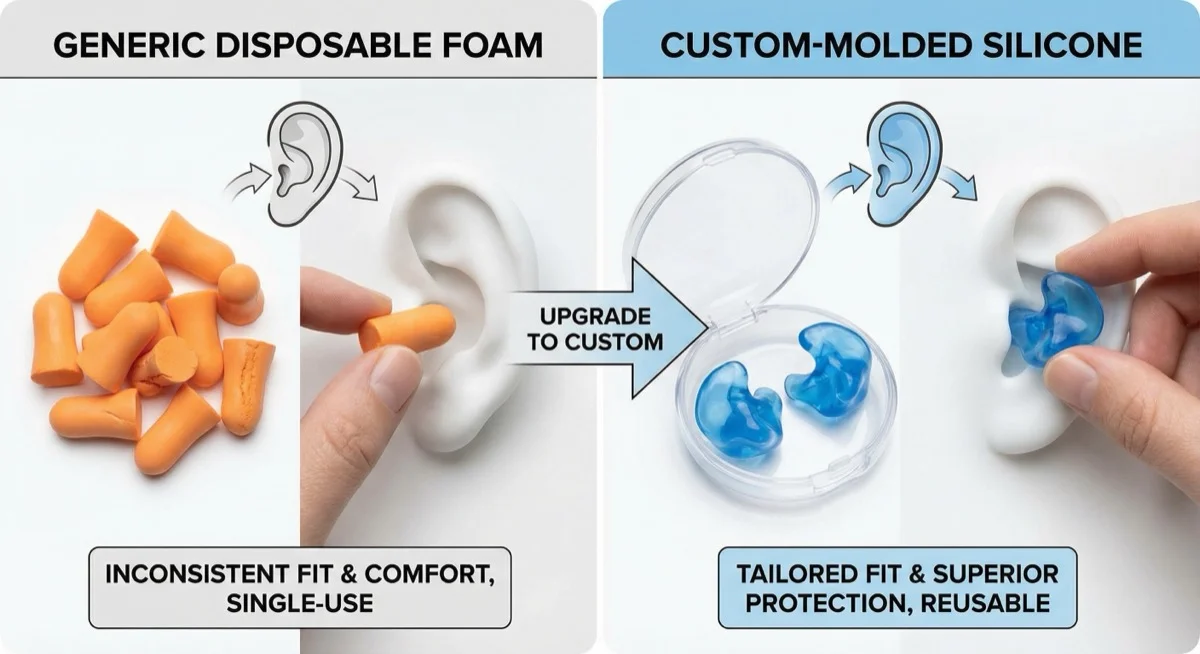 Comparison of generic disposable foam earplugs versus premium custom molded silicone earplugs showing quality difference