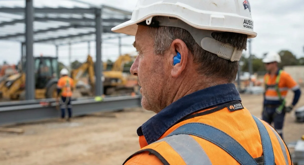Construction worker wearing custom-fitted industrial earplugs for workplace hearing protection in Queensland