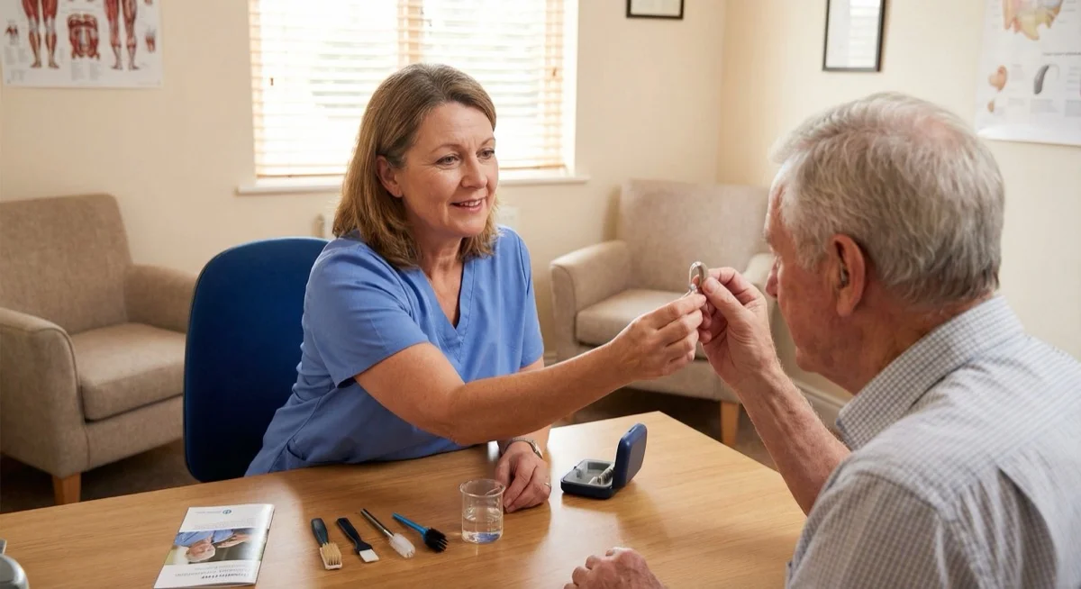 Audiologist teaching patient hearing aid use and maintenance at Hearing Care Caloundra
