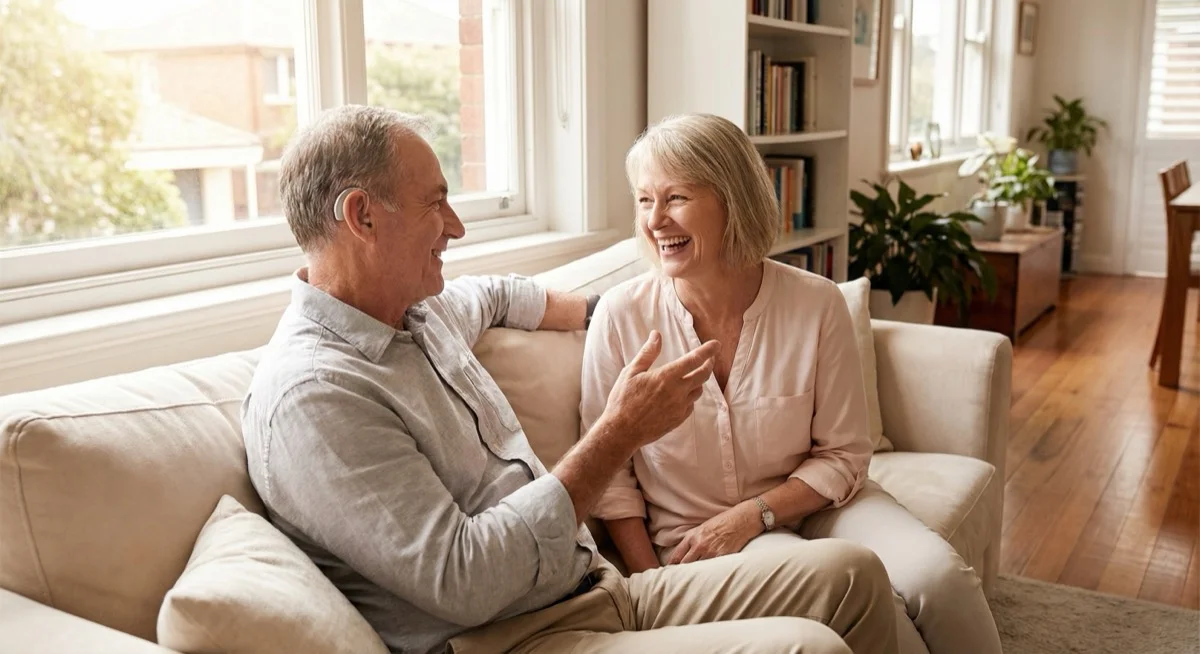 Senior couple enjoying improved communication with hearing aids from Hearing Care Caloundra