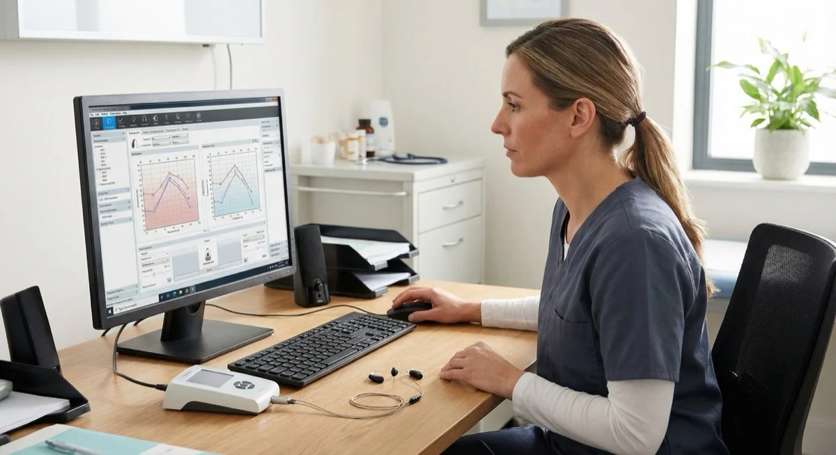 Audiologist programming hearing aids with specialized software at Hearing Care Caloundra