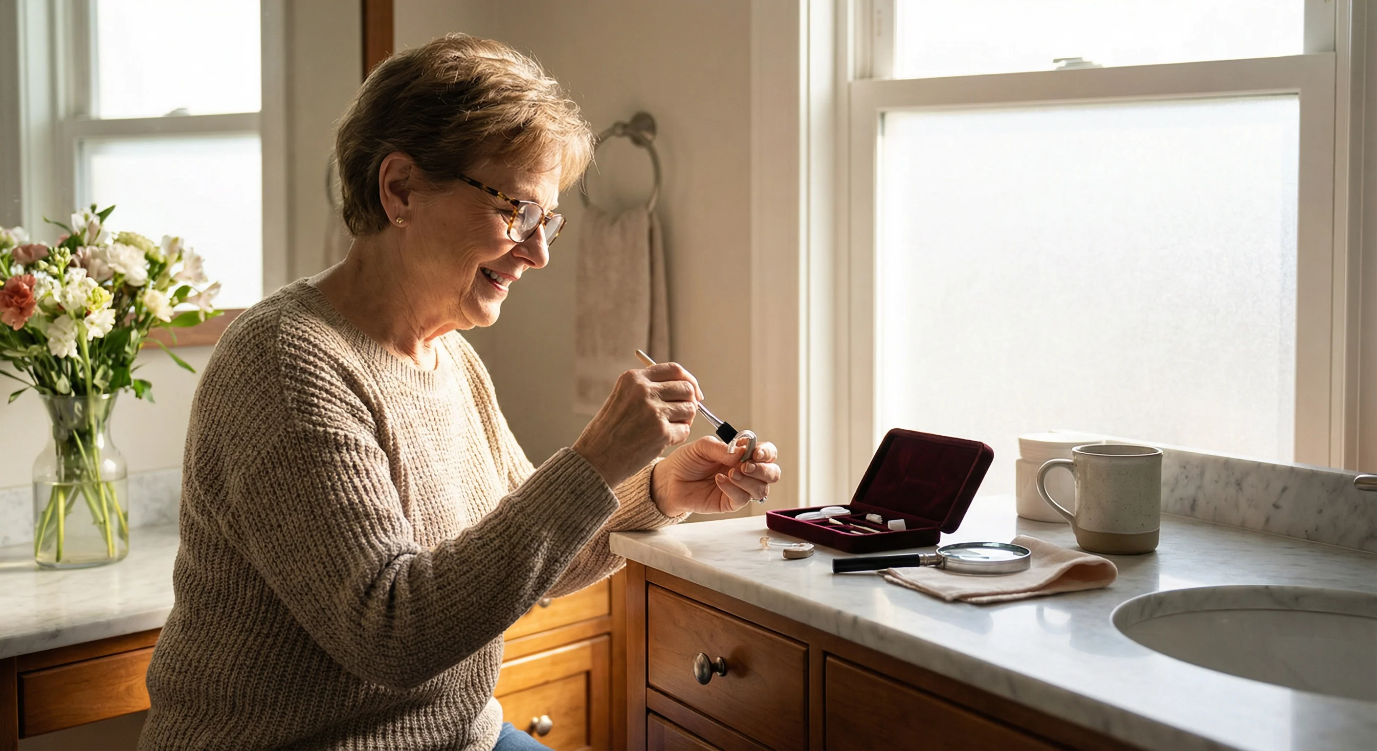 Senior woman demonstrating proper hearing aid cleaning and daily maintenance routine Caloundra clinic