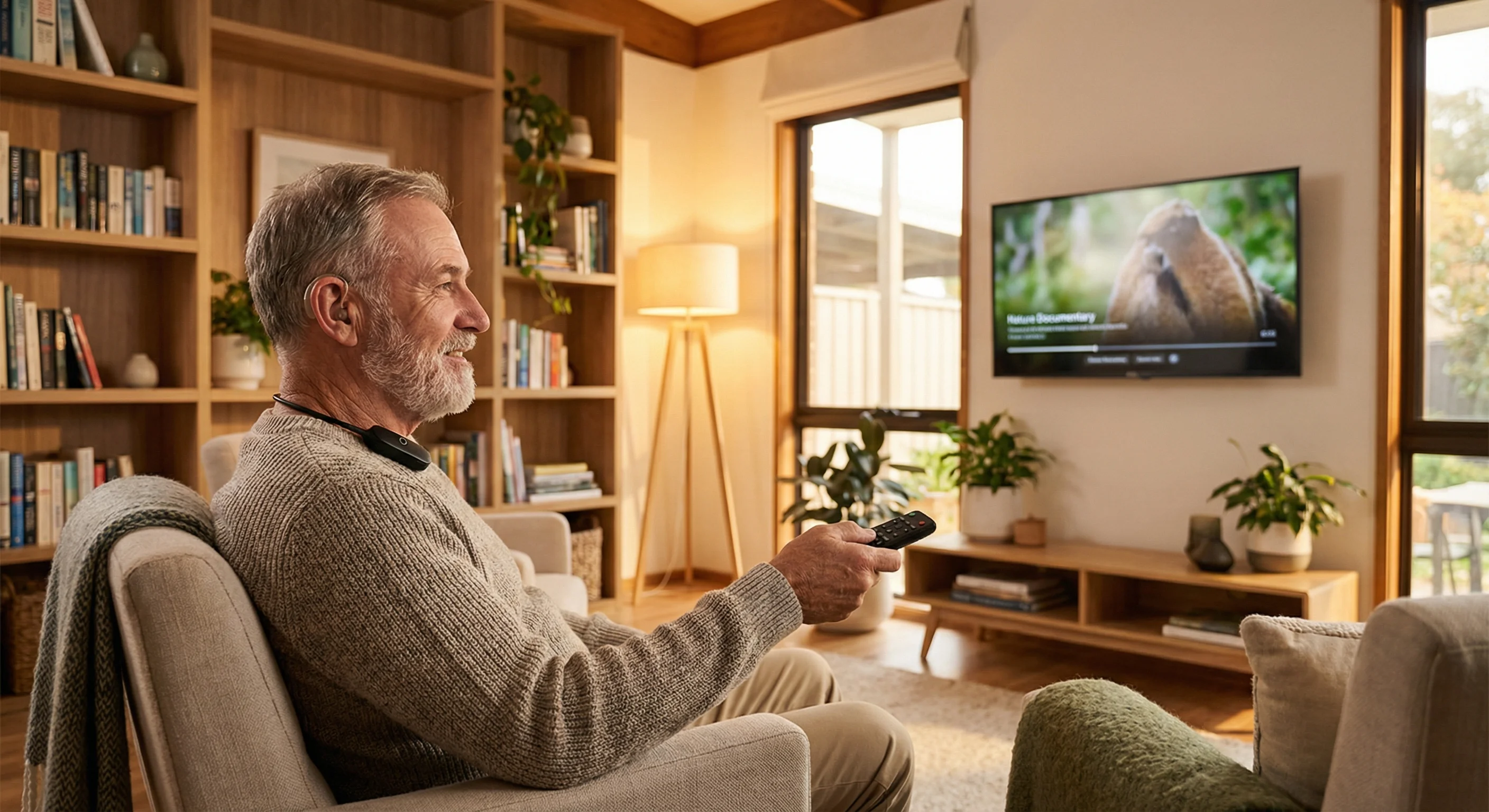 Senior enjoying television with hearing aid TV streamer connectivity in Australian home Caloundra