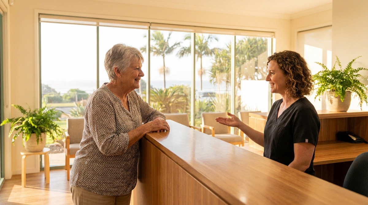 Senior woman being welcomed at the reception desk of a hearing clinic