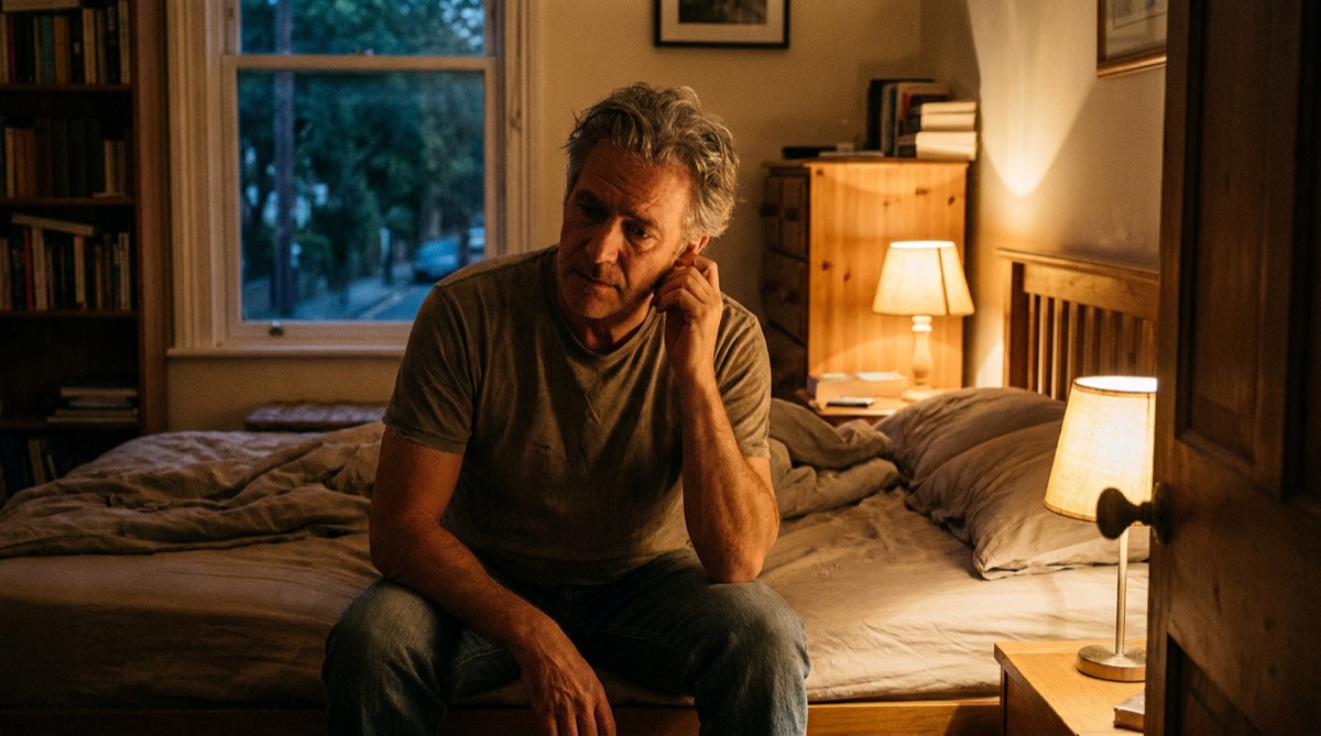 Man in a quiet room affected by ringing in his ears at night