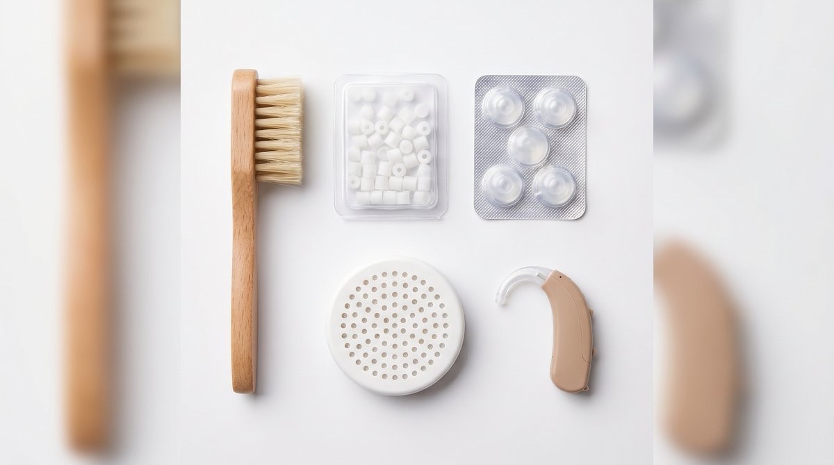 Hearing aid care kit showing wax guards, domes, cleaning brush and a drying container