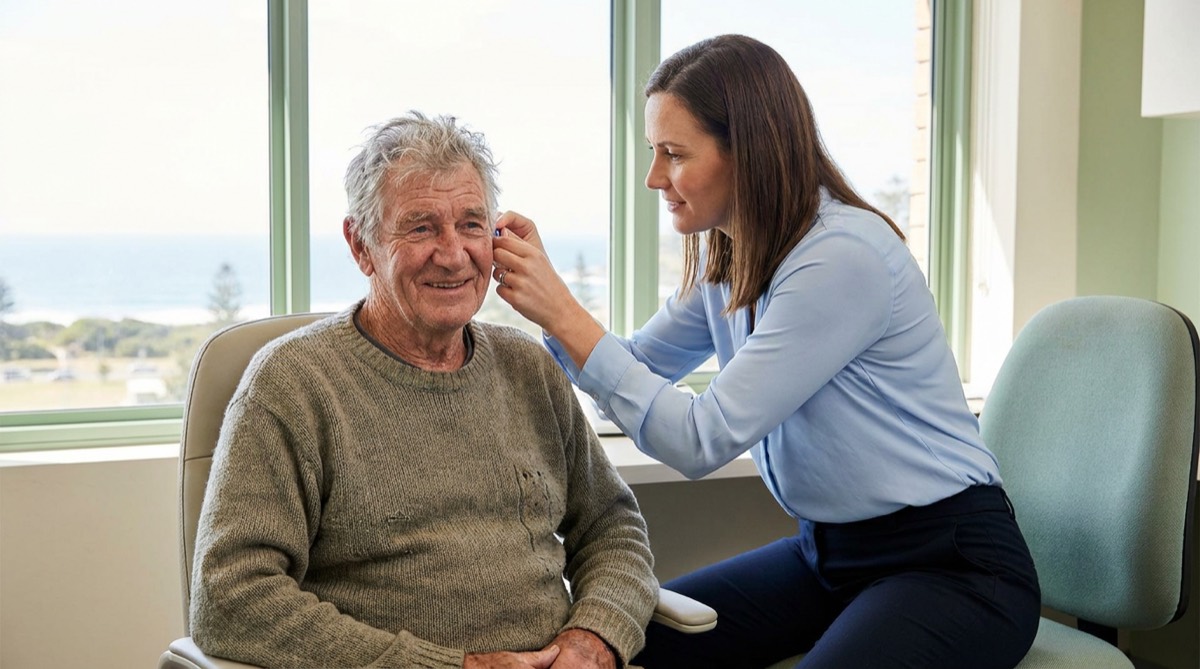Pensioner being fitted with a fully subsidised hearing aid at a Caloundra clinic