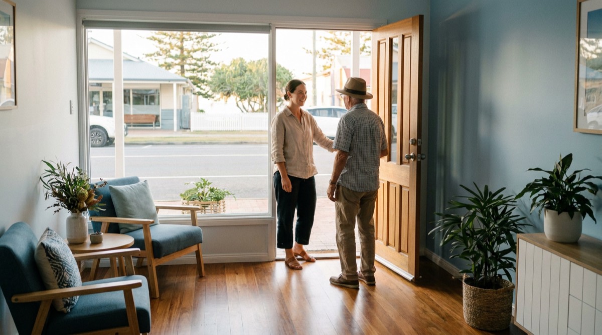Practitioner welcoming a senior client to an independent hearing clinic in Caloundra