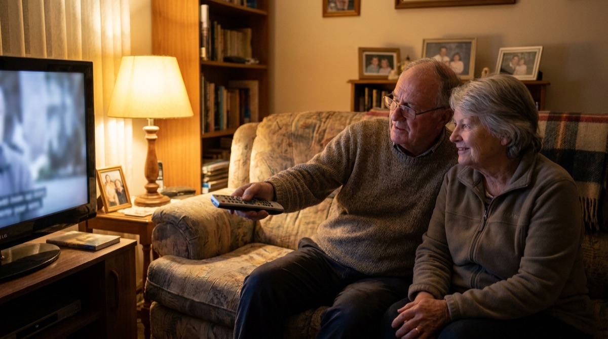 Senior man straining to follow conversation at a family dinner table