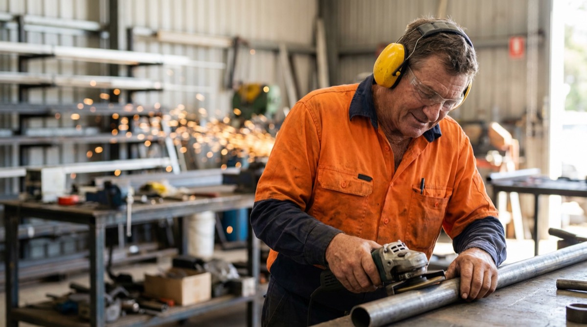 Tradesman wearing earmuff hearing protection while grinding metal in a workshop