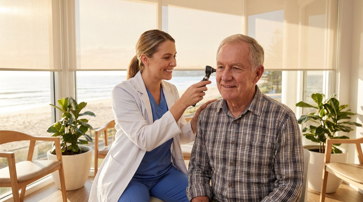 Practitioner examining a patient's ear canal with an otoscope