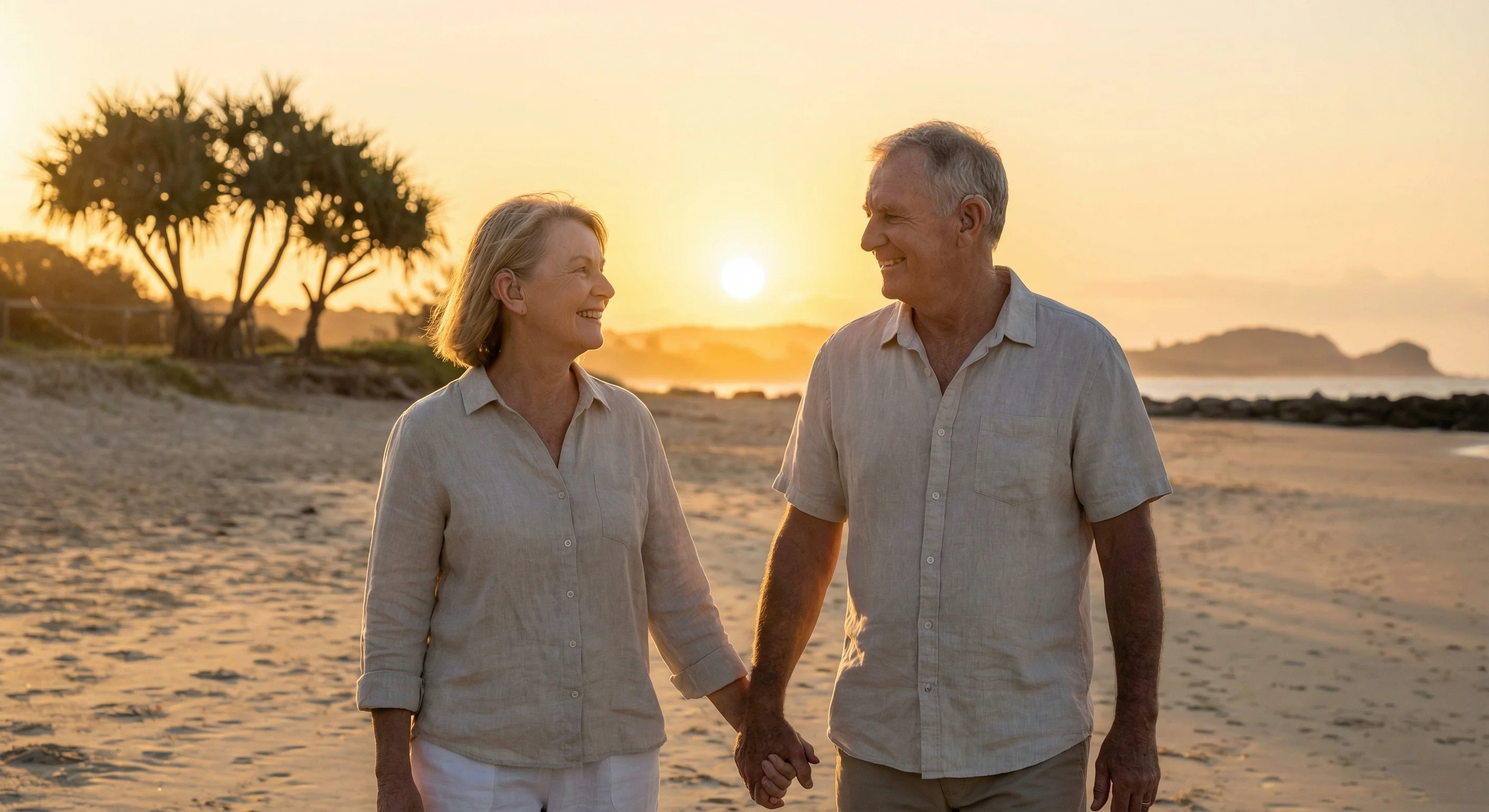 Happy senior couple enjoying peaceful beach walk demonstrating quality of life with tinnitus management Caloundra