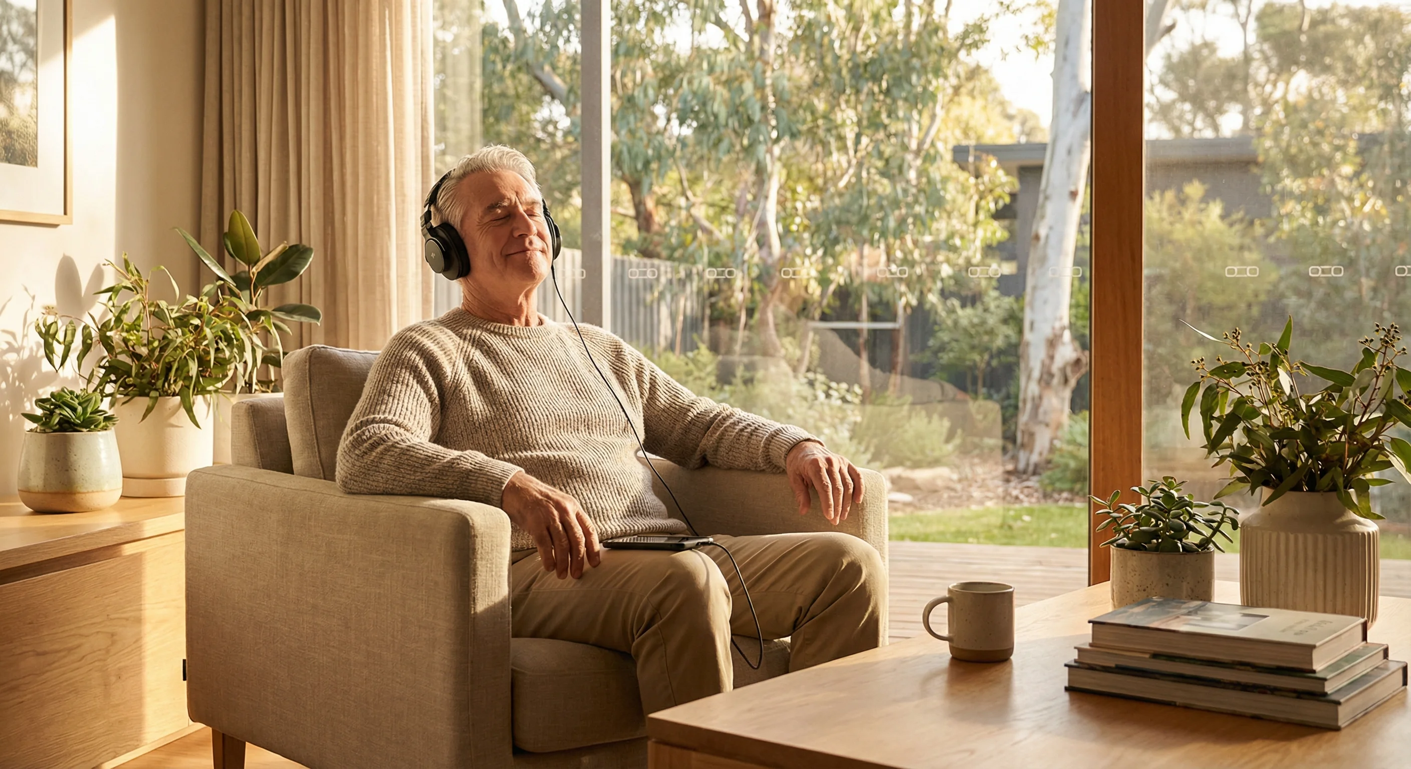 Senior using sound therapy headphones for tinnitus relief and management at home