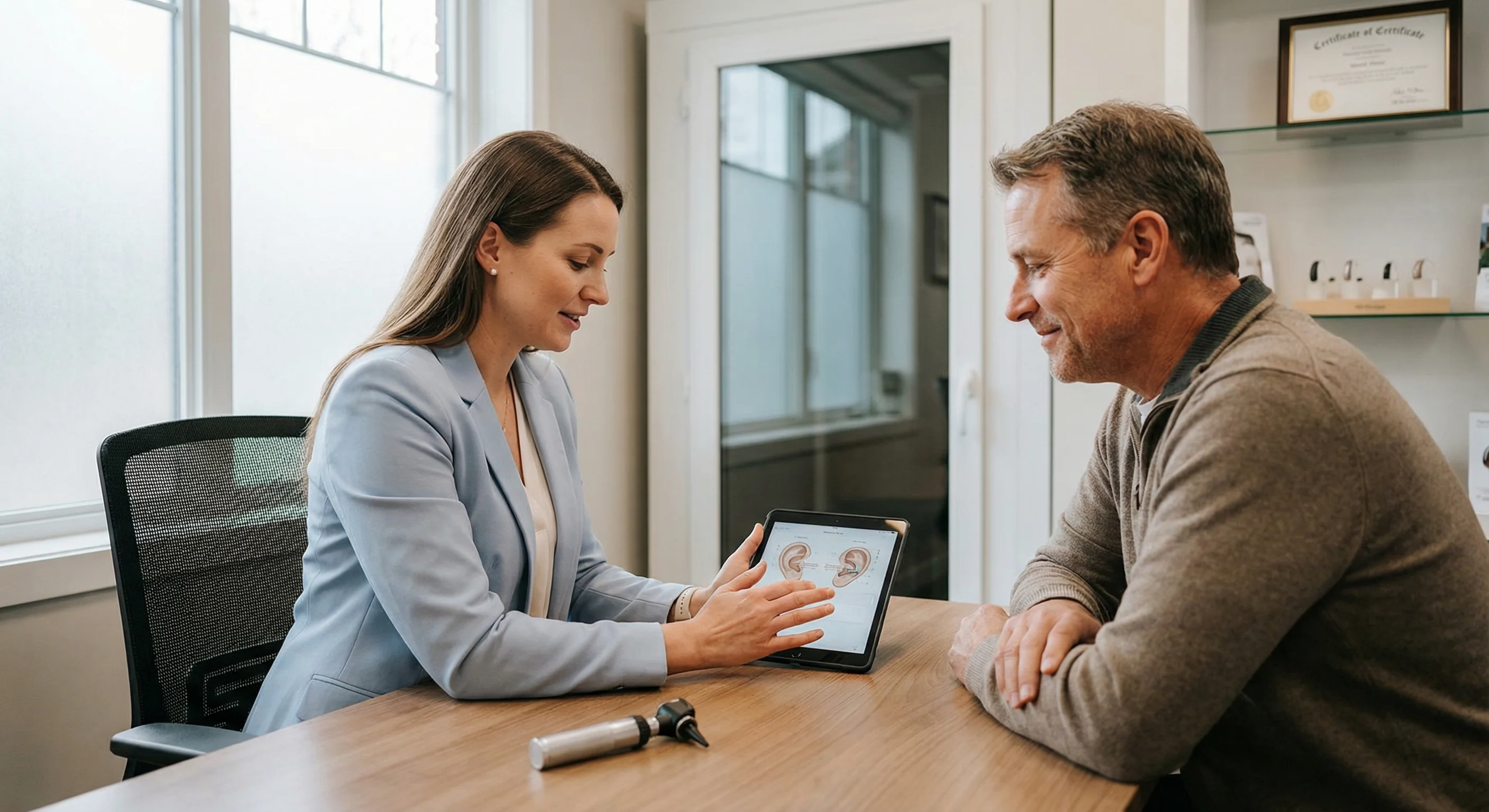 Audiologist conducting tinnitus assessment and consultation at Hearing Care Caloundra clinic