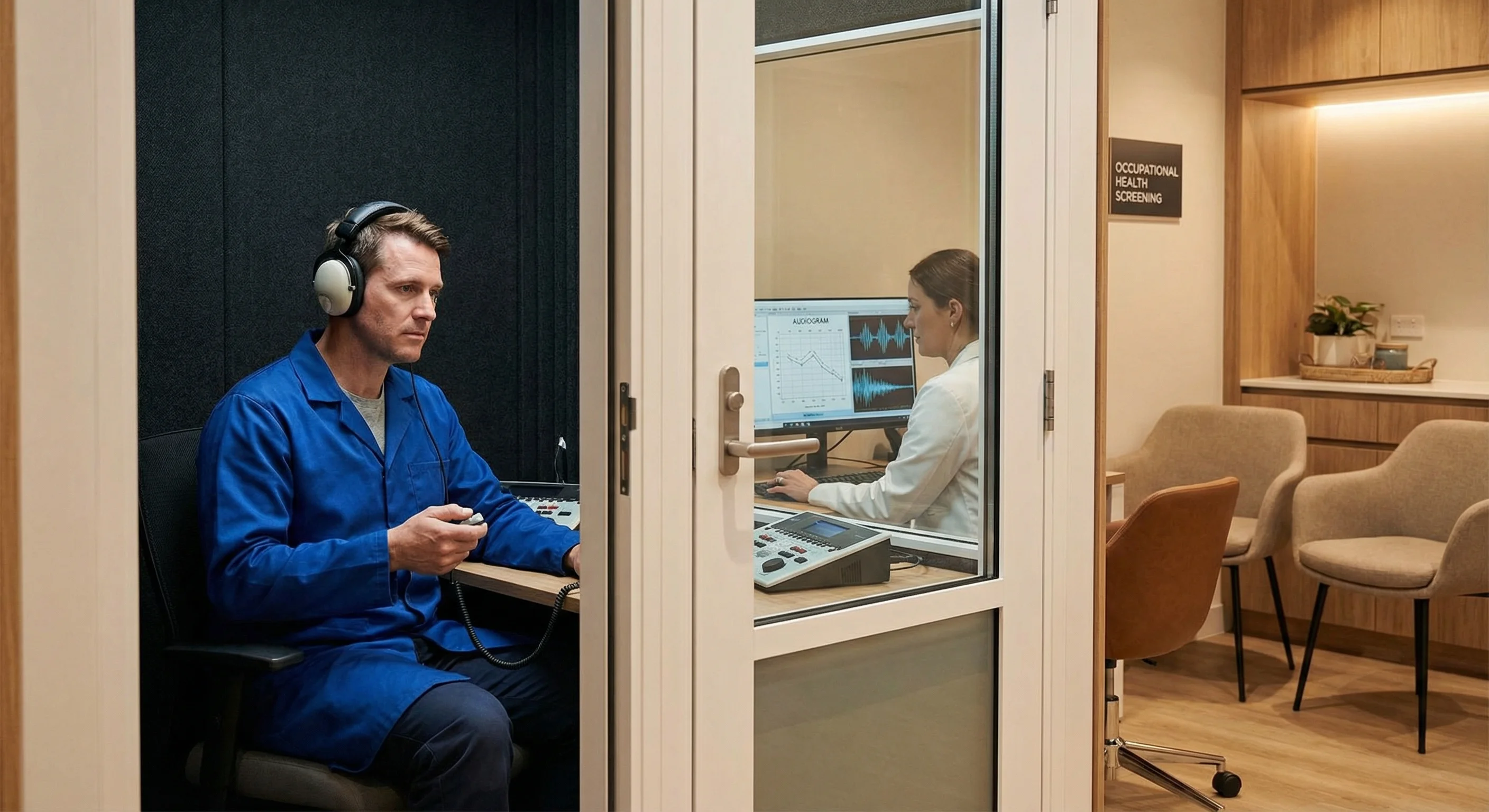 Worker undergoing audiometry hearing test in professional testing booth with audiologist monitoring results