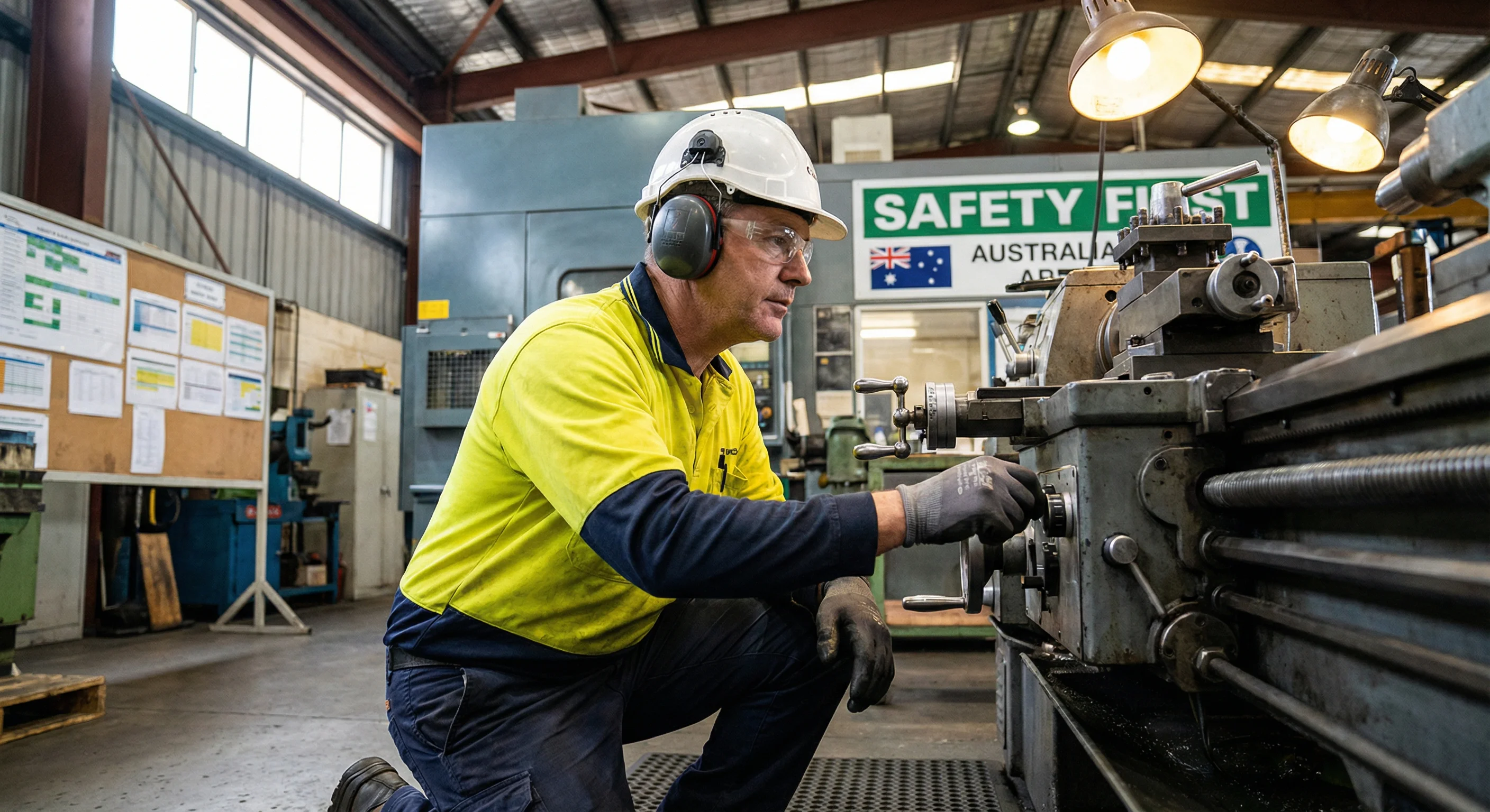 Industrial worker wearing proper hearing protection with ear plugs and ear muffs in manufacturing workplace Queensland